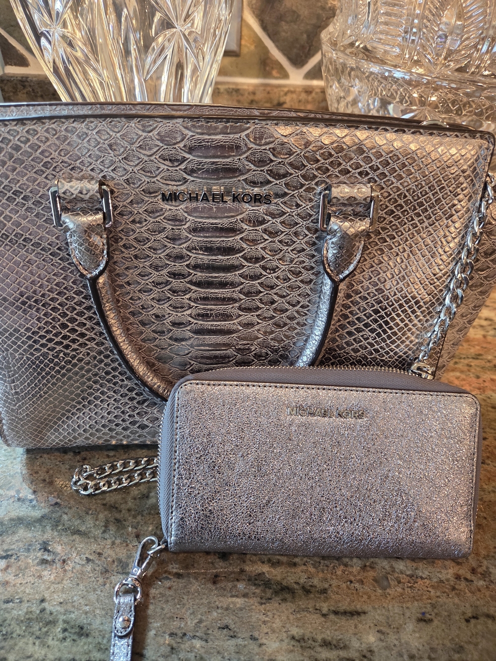 Michael Kors Metallic Silver Embossed Satchel with Matching Wristlet